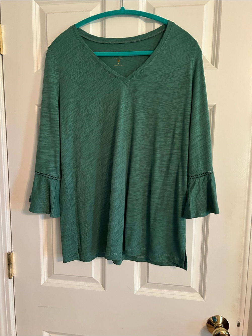 Belle by Kim Gravel Teal V-Neck Ruffle Sleeve Tunic slub knit.